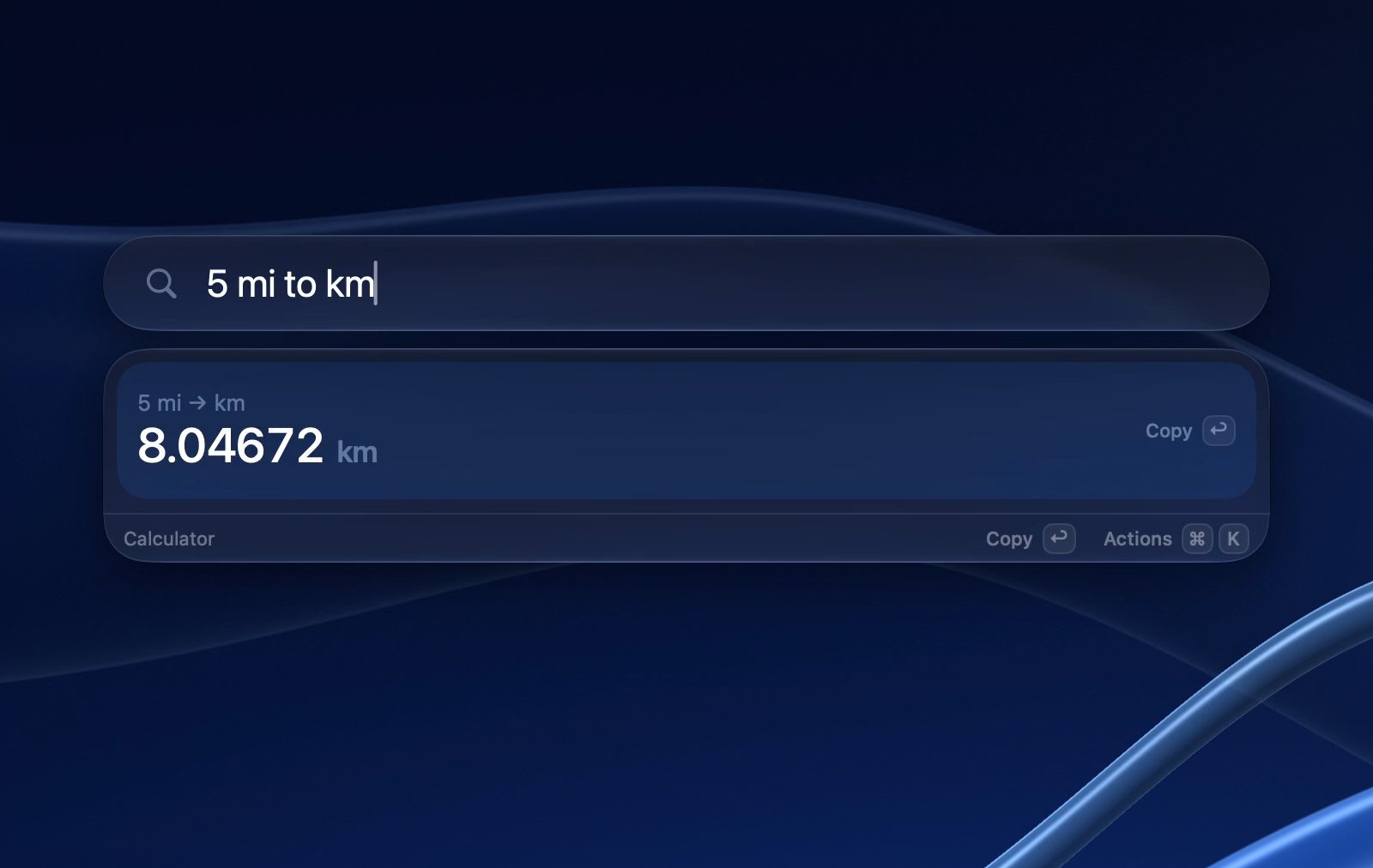 Recorded in Alkit: the launcher answers 18% of 2,450 with 441, 68 °F to °C with 20 °C, and 5 mi to km with 8.04672 km.