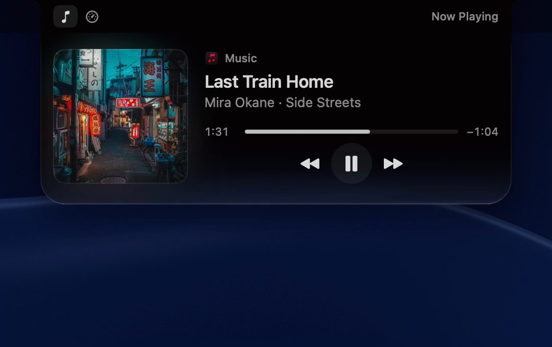 Recorded in Alkit: the notch opens on Now Playing, with Last Train Home by Mira Okane, from Side Streets.