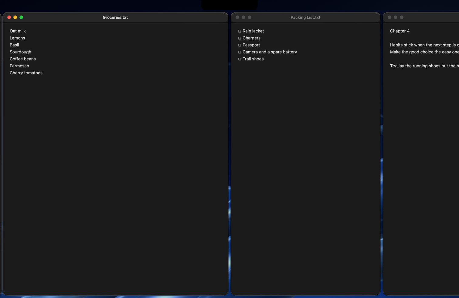 Recorded in Alkit: six windows side by side on a strip that runs past the screen's edges; as focus moves along it, the strip slides to keep the focused window in view.